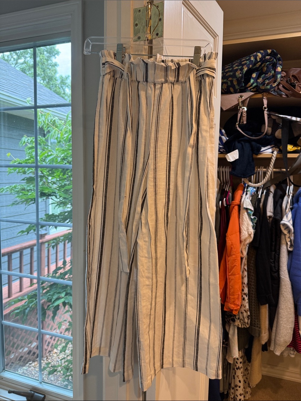 Ambiance Cream and Navy Striped Paperbag Waist Wide-Leg Pants